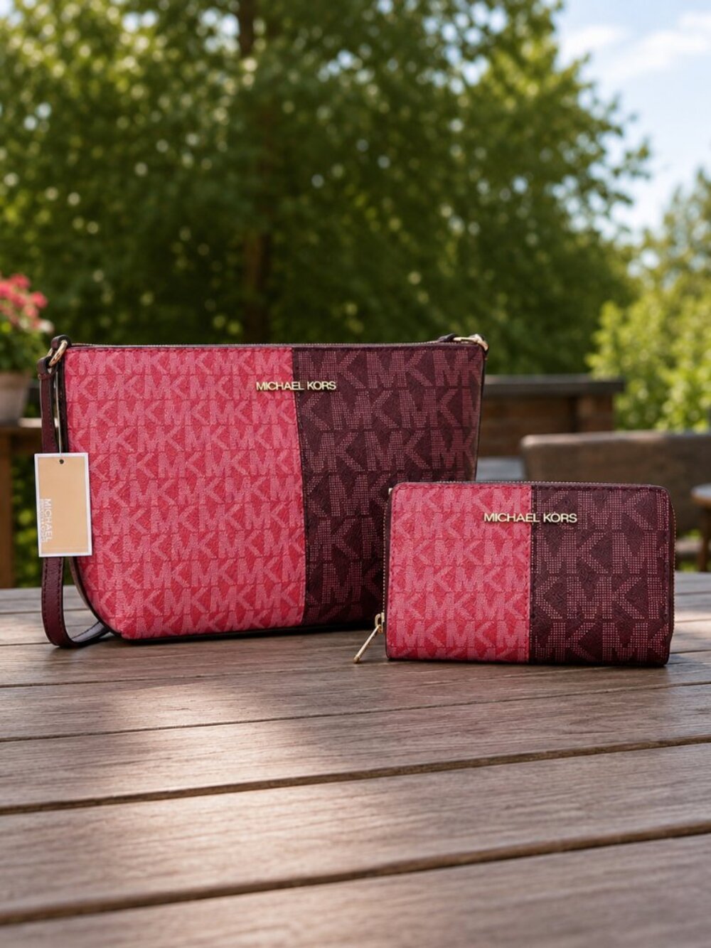 Michael Kors Oxblood Multi MK Logo Crossbody & Wallet Set  NWT